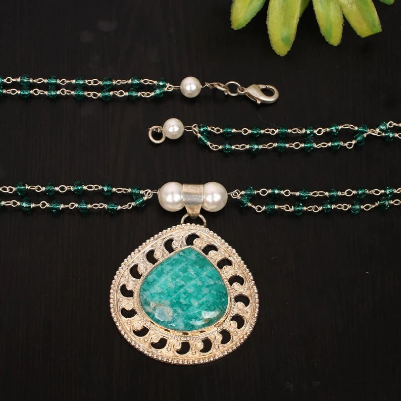 Natural Amazonite Gemstone & Pearl 92.5 Sterling Silver Necklace