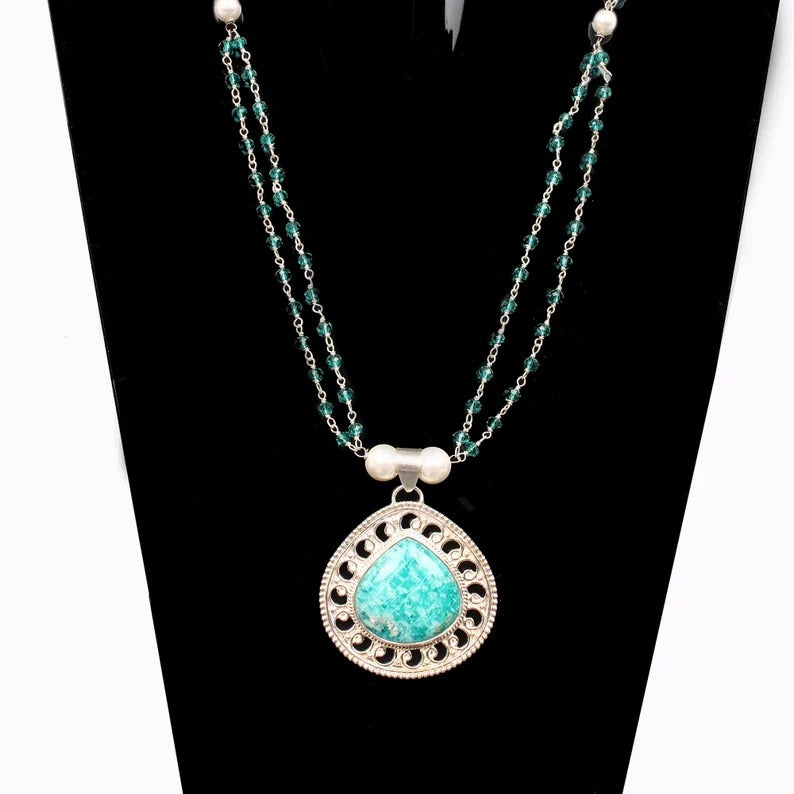 Natural Amazonite Gemstone & Pearl 92.5 Sterling Silver Necklace