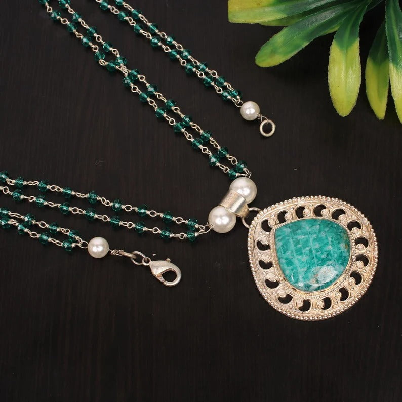 Natural Amazonite Gemstone & Pearl 92.5 Sterling Silver Necklace