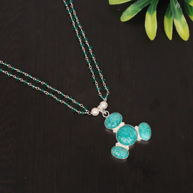 925 Sterling Silver Natural Amazonite & Apatite Hydro And Pearl Gemstone Necklace