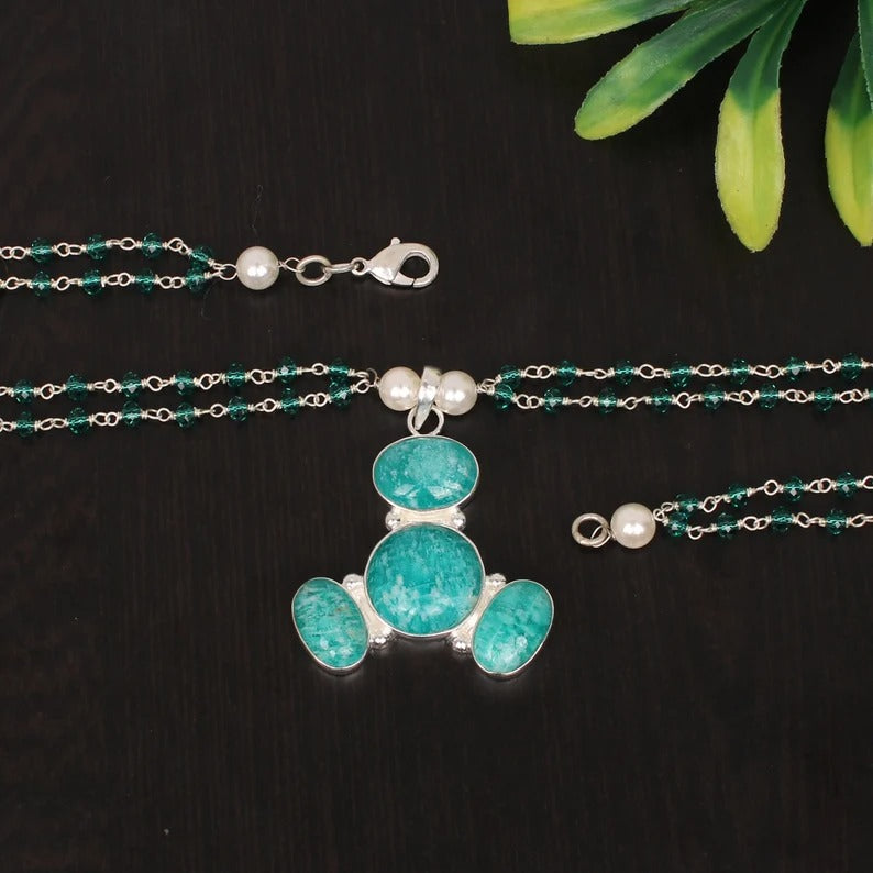 925 Sterling Silver Natural Amazonite & Apatite Hydro And Pearl Gemstone Necklace