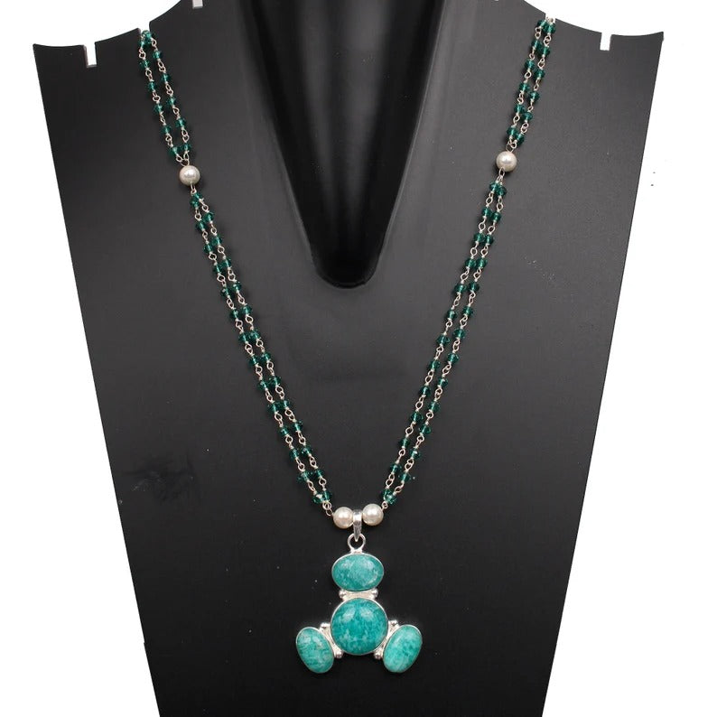 925 Sterling Silver Natural Amazonite & Apatite Hydro And Pearl Gemstone Necklace