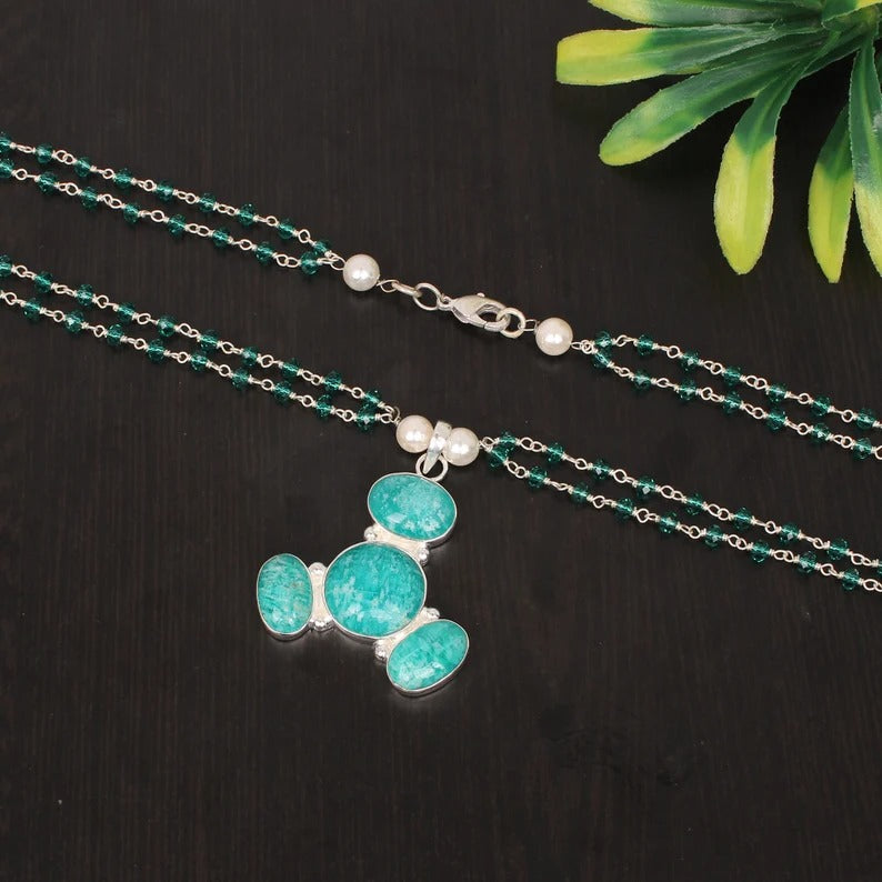 925 Sterling Silver Natural Amazonite & Apatite Hydro And Pearl Gemstone Necklace