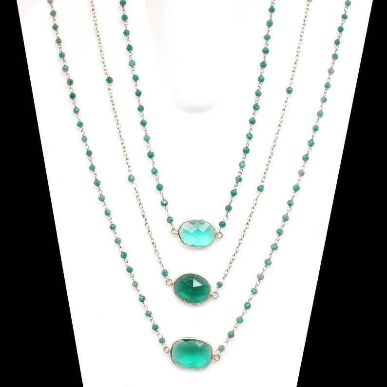 Green Emerald Corundum & Apatite Hydro Gemstone 92.5 Sterling Silver Necklace