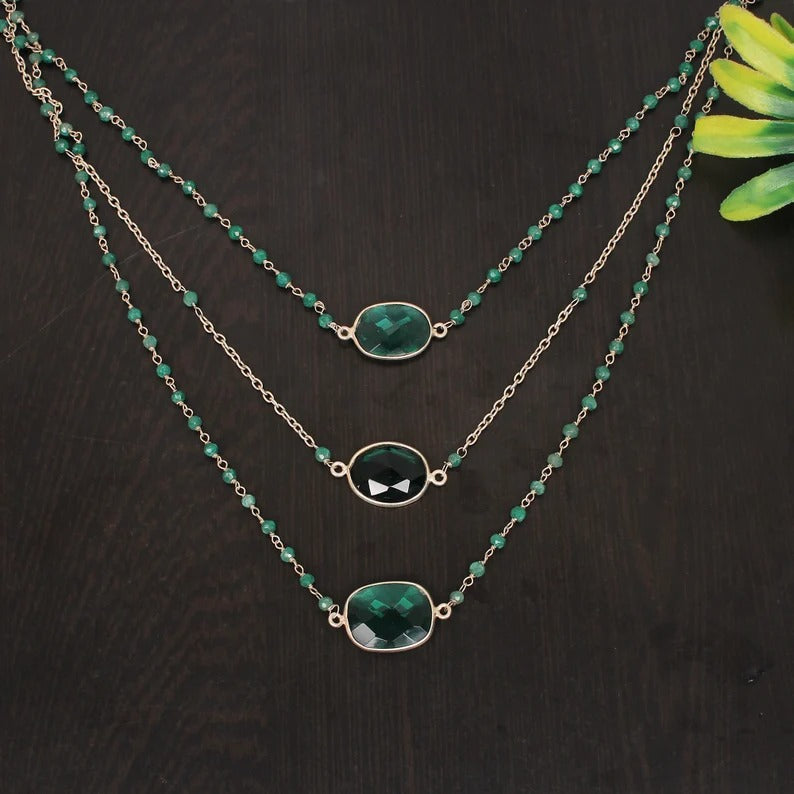 Green Emerald Corundum & Apatite Hydro Gemstone 92.5 Sterling Silver Necklace