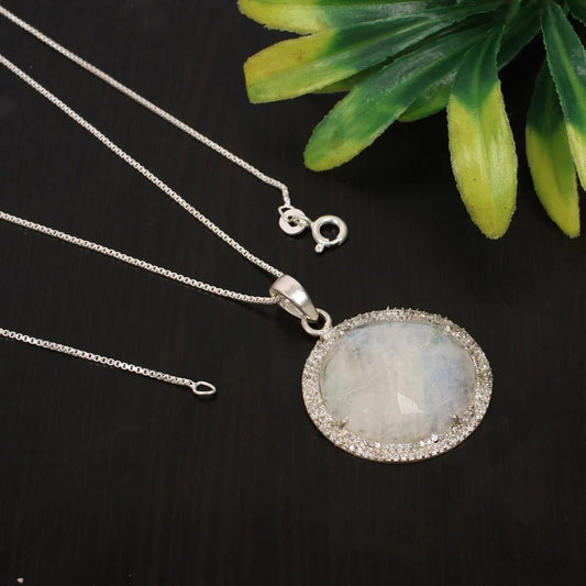 Natural Rainbow Moonstone 92.5 Sterling Silver Necklace