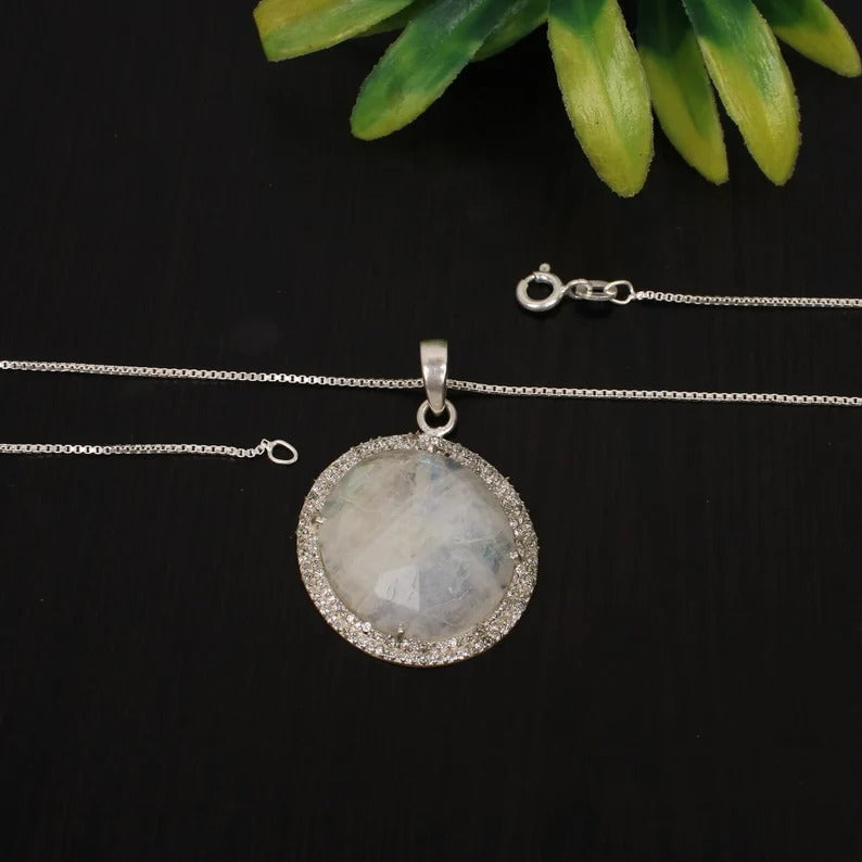 Natural Rainbow Moonstone 92.5 Sterling Silver Necklace