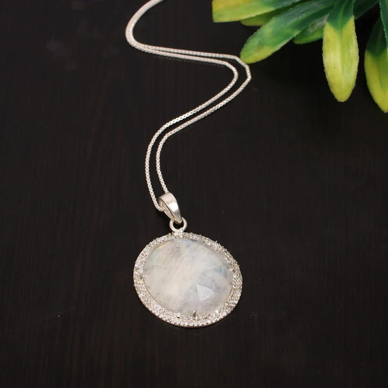 Natural Rainbow Moonstone 92.5 Sterling Silver Necklace