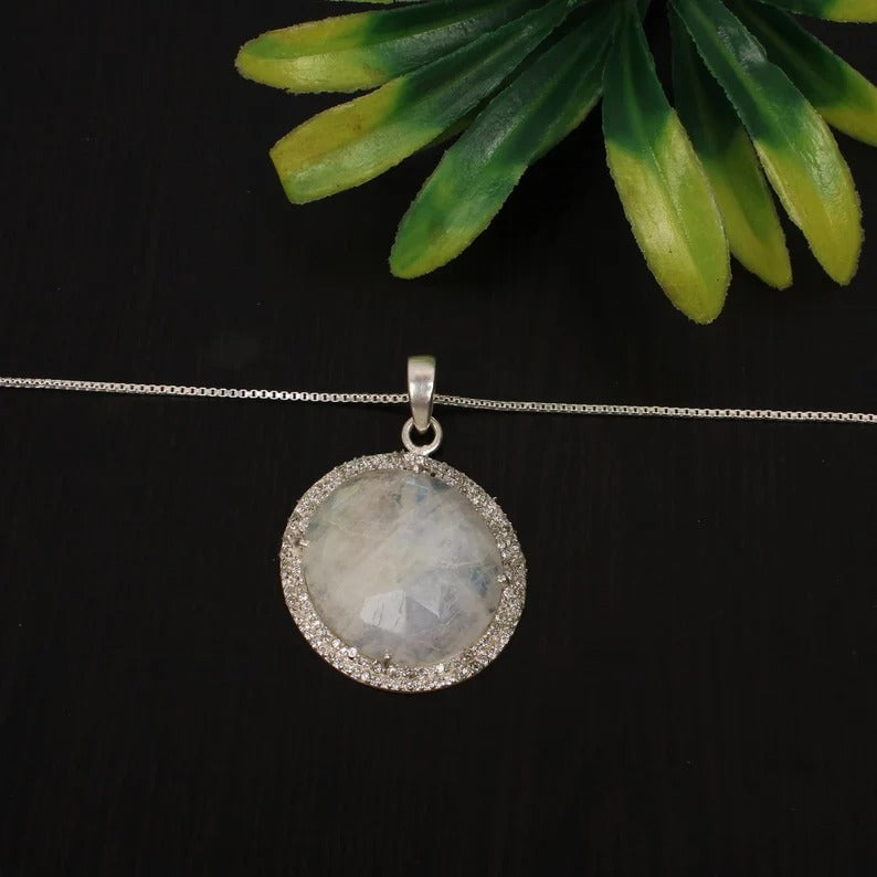 Natural Rainbow Moonstone 92.5 Sterling Silver Necklace