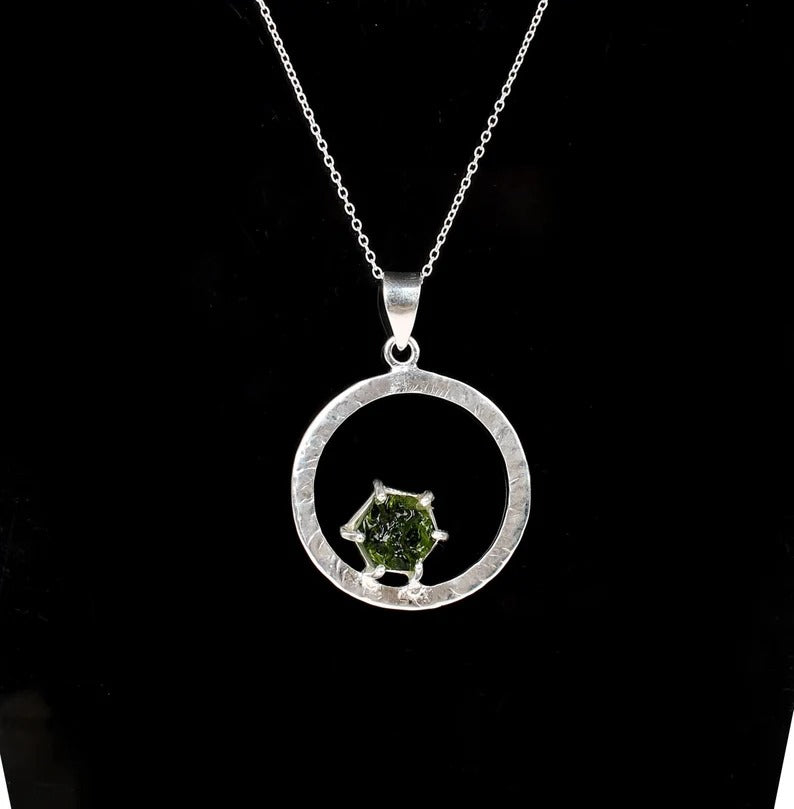 Chinese Green Moldavite Gemstone 92.5 Sterling Silver Necklace