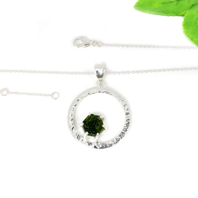 Chinese Green Moldavite Gemstone 92.5 Sterling Silver Necklace