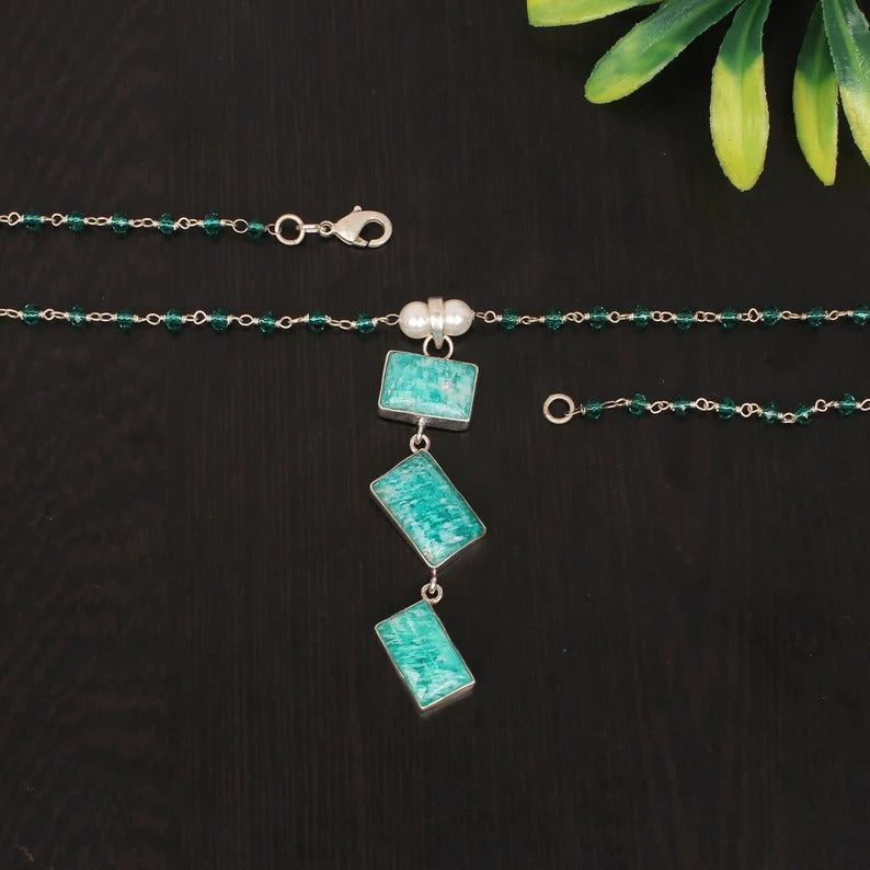 Amazonite & Apatite Hydro and Pearl Gemstone Solid Silver Necklace