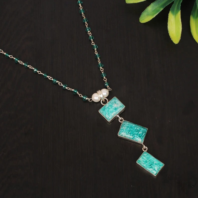 Amazonite & Apatite Hydro and Pearl Gemstone Solid Silver Necklace