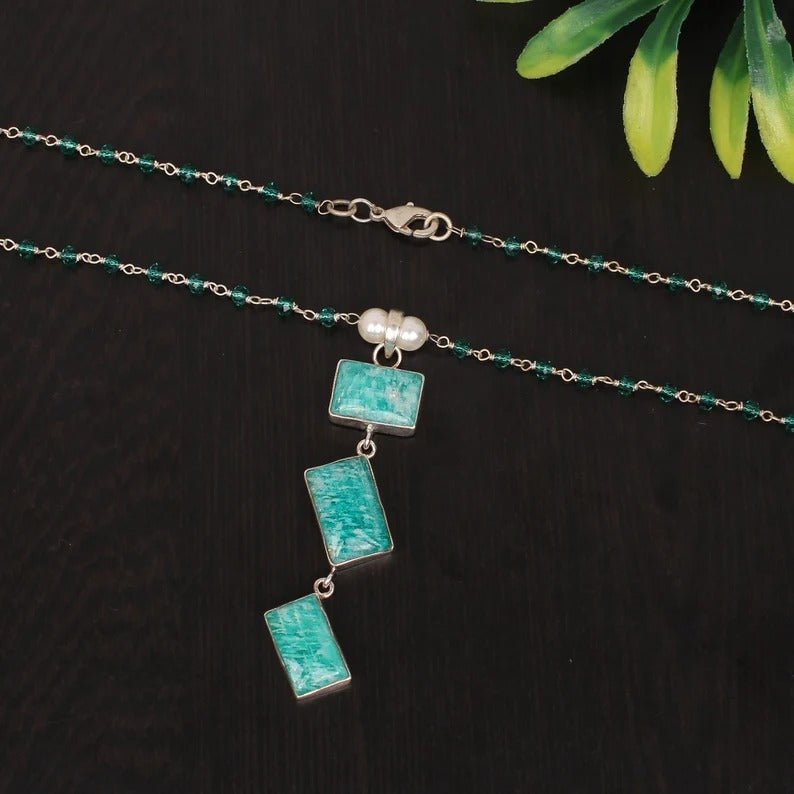 Amazonite & Apatite Hydro and Pearl Gemstone Solid Silver Necklace