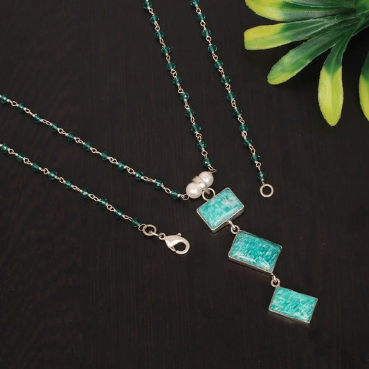 Amazonite & Apatite Hydro and Pearl Gemstone Solid Silver Necklace