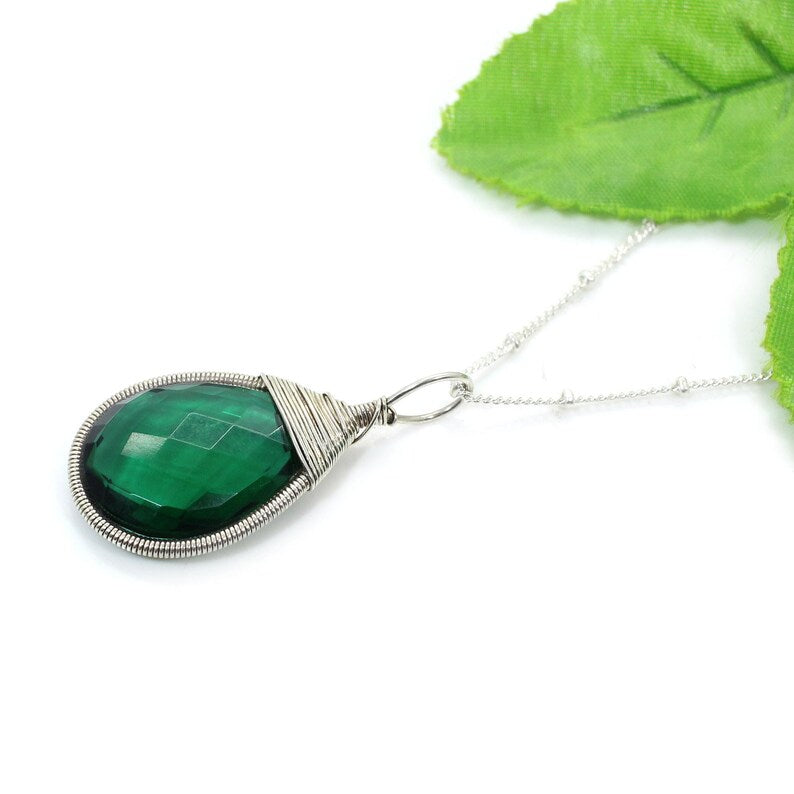 Green Tourmaline Gemstone Wire Wrap 92.5 Sterling Silver Necklace