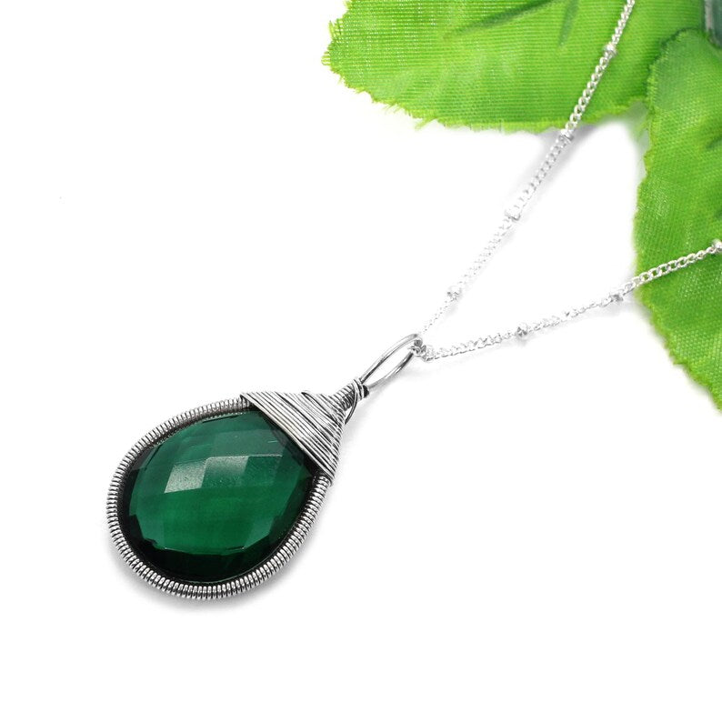 Green Tourmaline Gemstone Wire Wrap 92.5 Sterling Silver Necklace