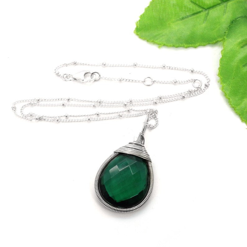 Green Tourmaline Gemstone Wire Wrap 92.5 Sterling Silver Necklace