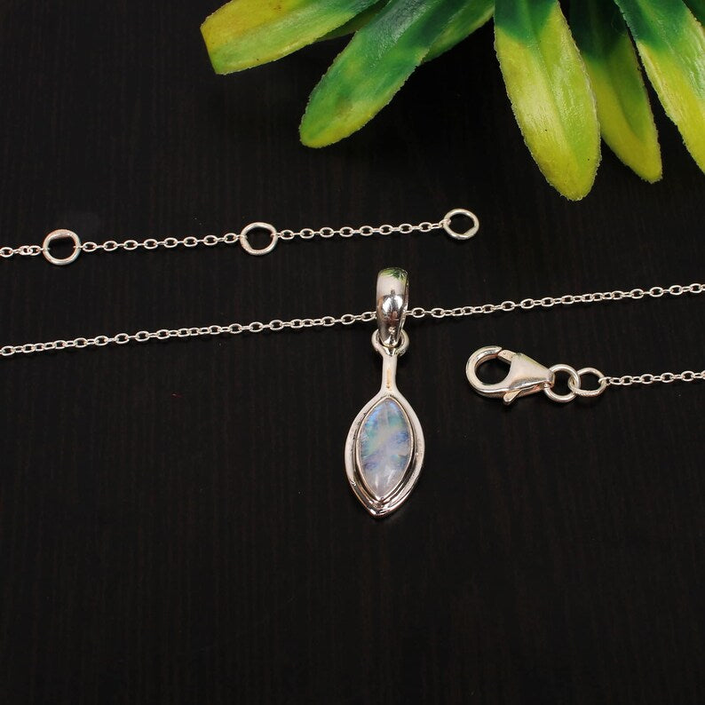 Rainbow Moonstone Gemstone 92.5 Sterling Silver Necklace