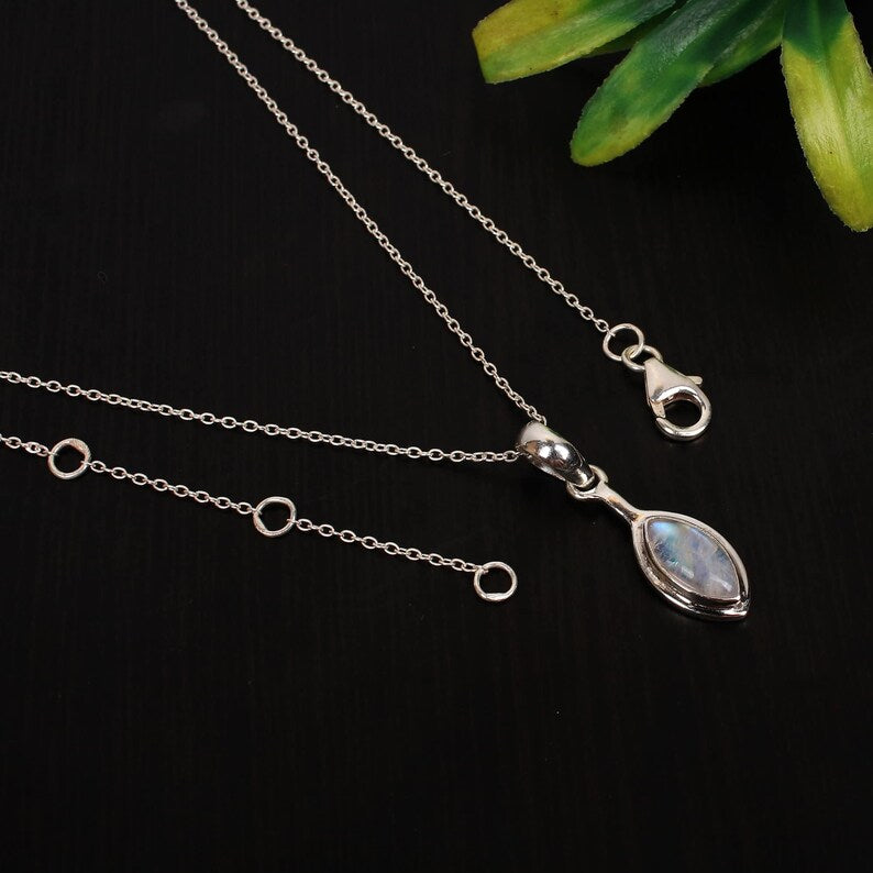 Rainbow Moonstone Gemstone 92.5 Sterling Silver Necklace