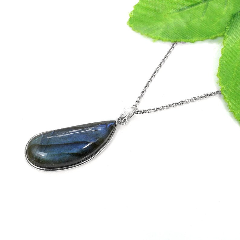 Blue Fire Labradorite Gemstone 92.5 Sterling Silver Necklace