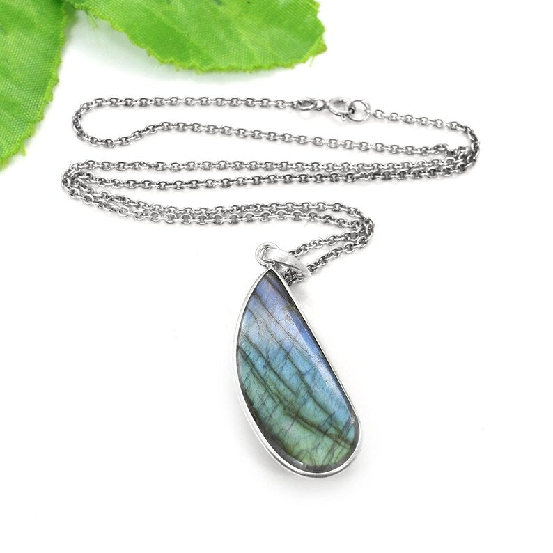 Blue Fire Labradorite Gemstone 92.5 Sterling Silver Necklace