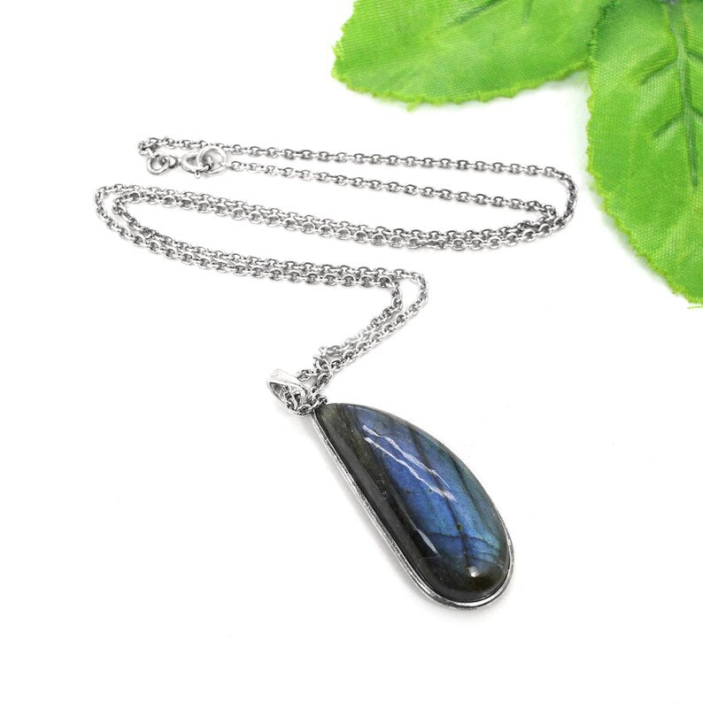 Blue Fire Labradorite Gemstone 92.5 Sterling Silver Necklace