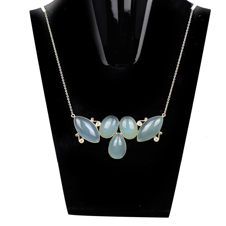 Dark Aqua Chalcedony Solid Silver Necklace