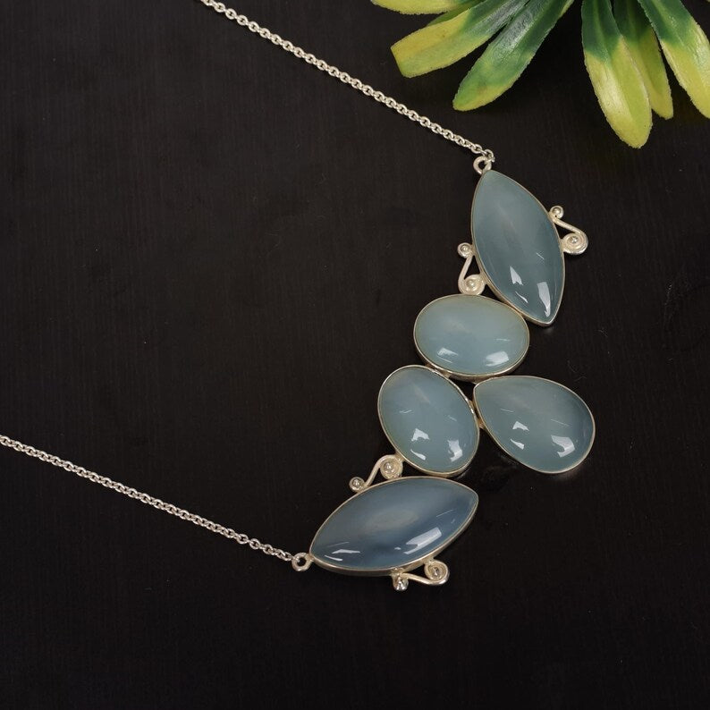 Dark Aqua Chalcedony Solid Silver Necklace