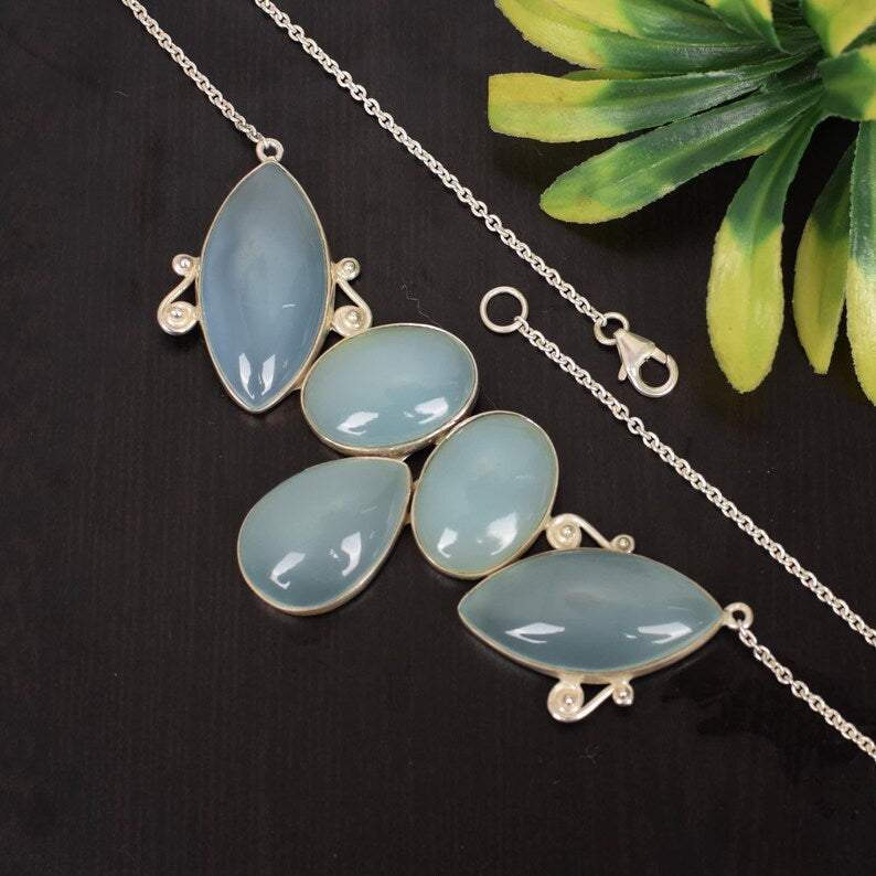 Dark Aqua Chalcedony Solid Silver Necklace