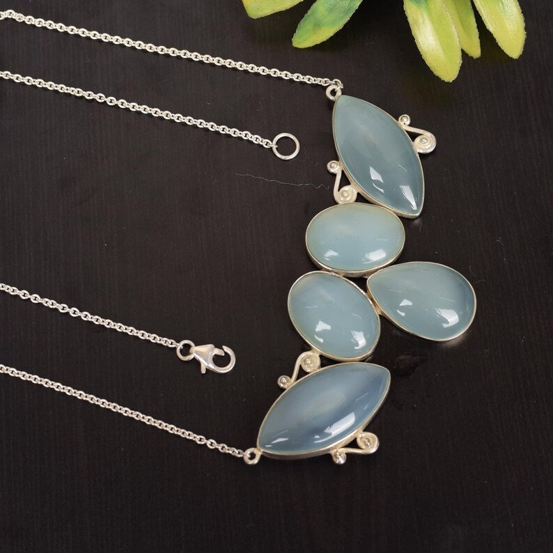 Dark Aqua Chalcedony Solid Silver Necklace