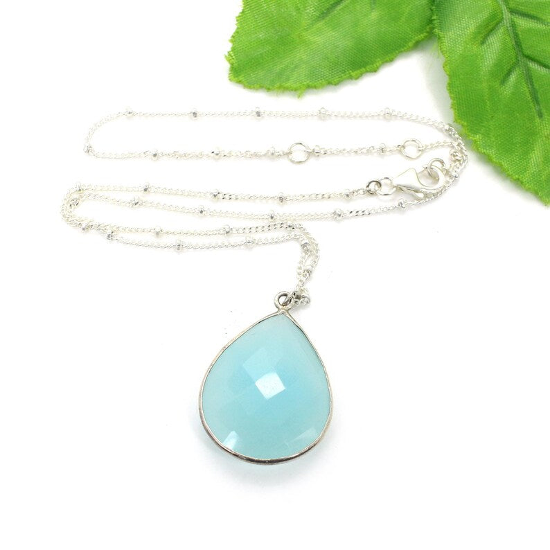 Aqua Chalcedony Gemstone 92.5 Sterling Silver Necklace