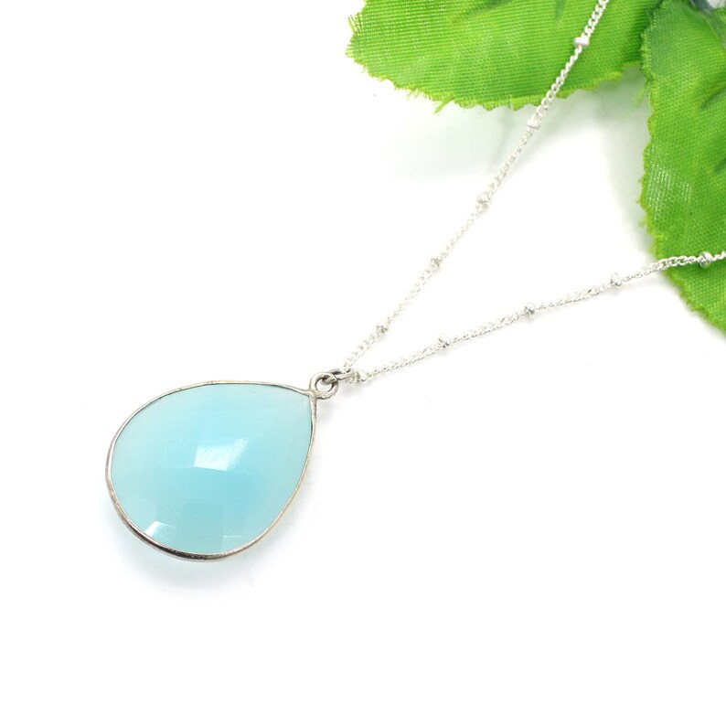 Aqua Chalcedony Gemstone 92.5 Sterling Silver Necklace