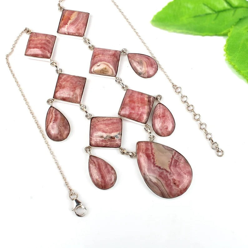 Natural Rhodochrosite Gemstone 92.5 Sterling Silver Necklace