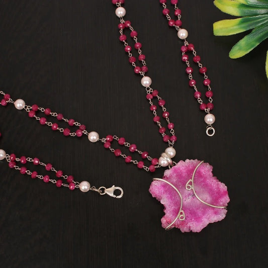 Pink Solar Druzy & Pearl and Ruby Corundum 92.5 Solid Silver Necklace