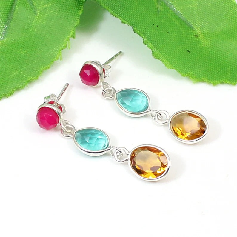 92.5 Sterling Silver Multi Gemstone Dangle Earrings