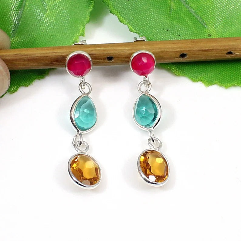 92.5 Sterling Silver Multi Gemstone Dangle Earrings