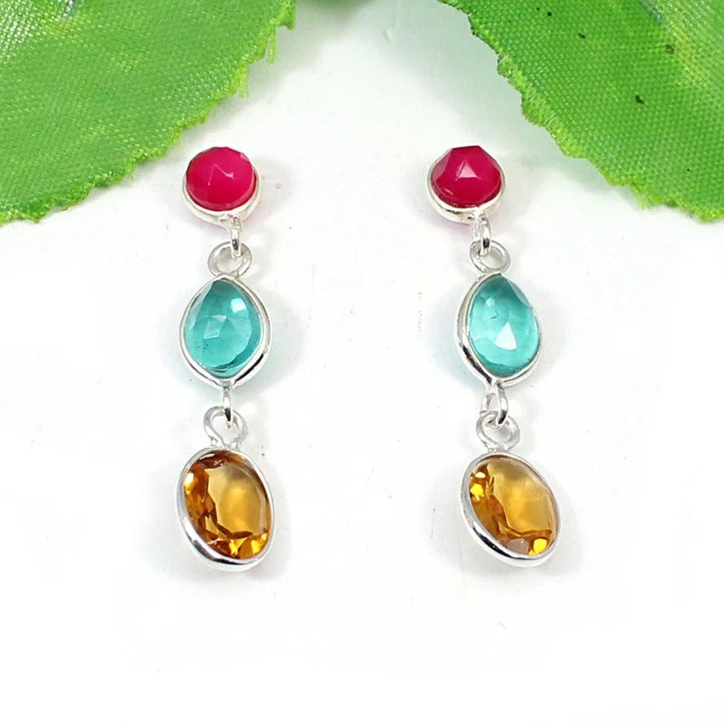 92.5 Sterling Silver Multi Gemstone Dangle Earrings