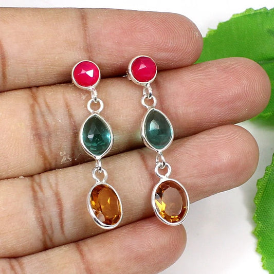 92.5 Sterling Silver Multi Gemstone Dangle Earrings