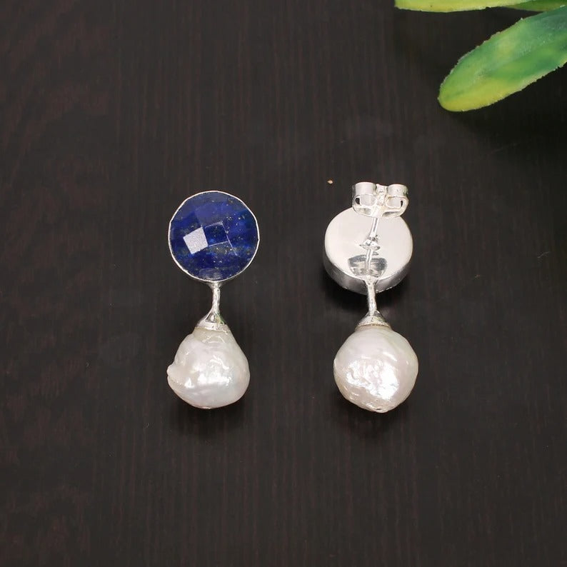 92.5 Sterling Silver Lapis Lazuli & Pearl Gemstone Earring