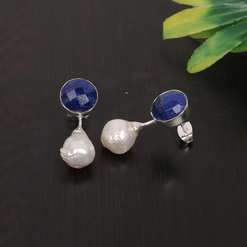 92.5 Sterling Silver Lapis Lazuli & Pearl Gemstone Earring