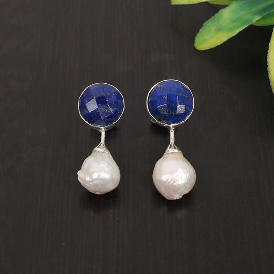 92.5 Sterling Silver Lapis Lazuli & Pearl Gemstone Earring