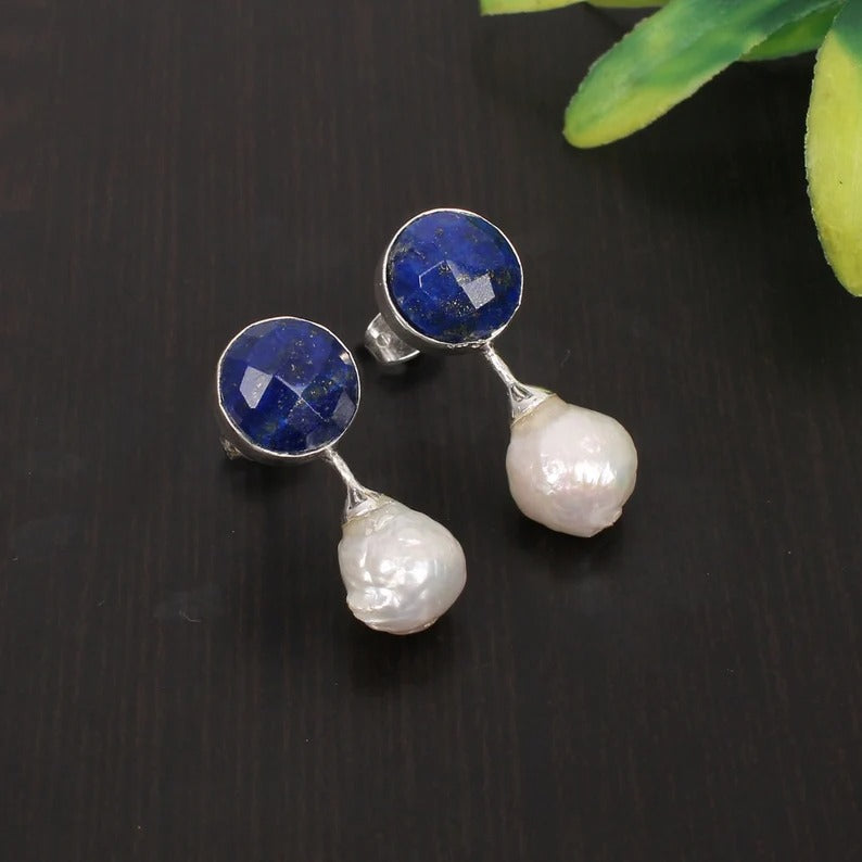 92.5 Sterling Silver Lapis Lazuli & Pearl Gemstone Earring