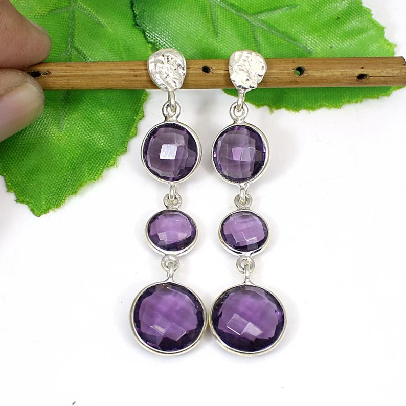 92.5 Sterling Silver Amethyst Gemstone Dangle Earrings