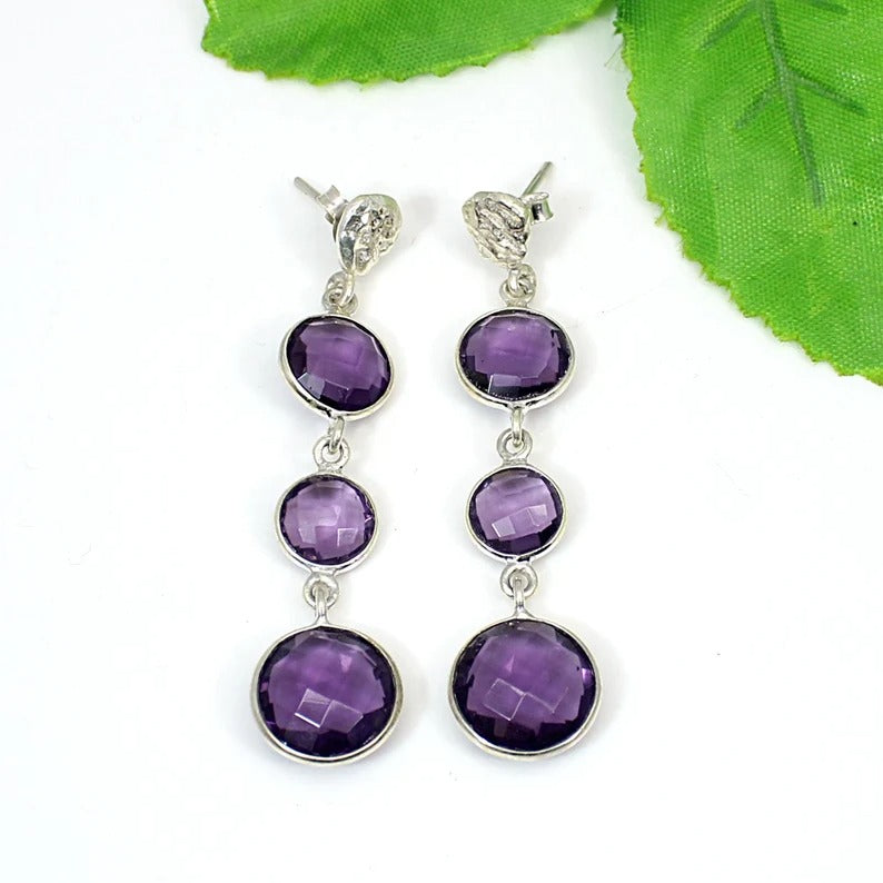 92.5 Sterling Silver Amethyst Gemstone Dangle Earrings