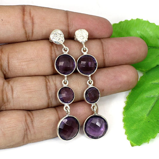 92.5 Sterling Silver Amethyst Gemstone Dangle Earrings