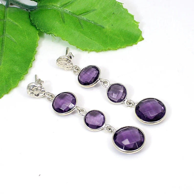 92.5 Sterling Silver Amethyst Gemstone Dangle Earrings