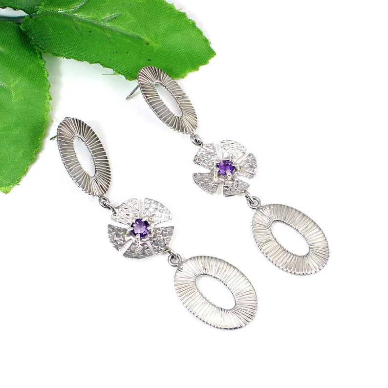 Amethyst Gemstone Unique Designer Sterling Silver Earrings