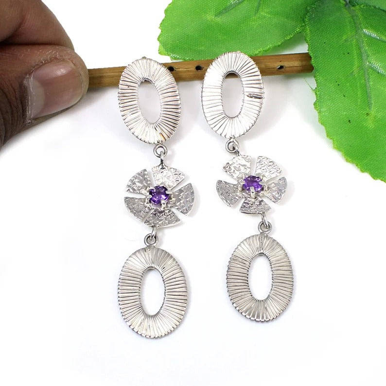 Amethyst Gemstone Unique Designer Sterling Silver Earrings