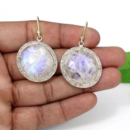 Rainbow Moonstone & CZ Gemstone Sterling Silver Earrings